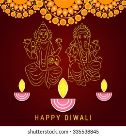Vector Illustration of decorated background for diwali with Lord of Ganesha and Godess of Lakshami.