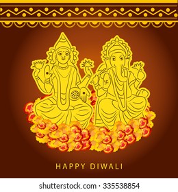 Vector Illustration of decorated background for diwali with Lord of Ganesha and Godess of Lakshami.