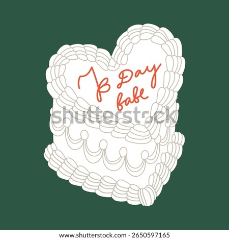 Vector illustration of decorated birthday cake with cream and a lettering on top B-Day Babe. For greeting cards, invitations, party supplies, social media posts, printable crafts, website headers.
