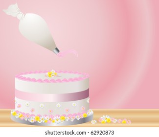 Vector Illustration Of Decorated Cake On A Silver Cake Board With Pink Ribbon Icing Flowers And A Piping Bag In Eps10 Format