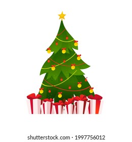 Vector illustration of decorated christmas fir tree and gift boxes  isolated. Cartoon flat illustration. For cards, banners, postcards, web, posters, packaging etc.