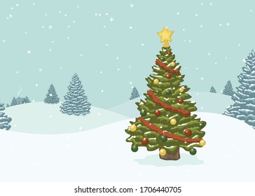 A Vector Illustration Of A Decorated Christmas Holiday Tree In A Snowy Winter Landscape.