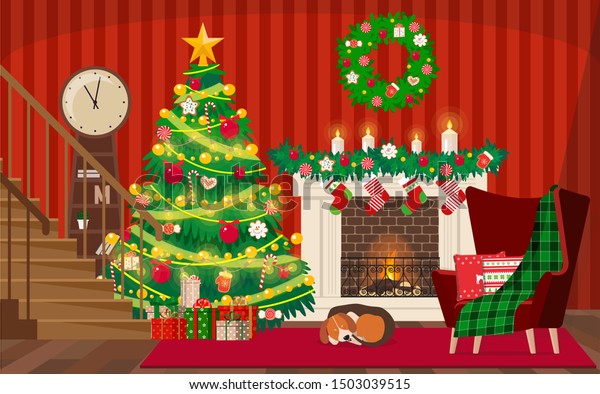 Download Vector Illustration Decorated Christmas Living Room Stock Vector Royalty Free 1503039515 PSD Mockup Templates