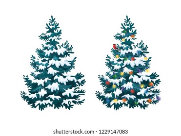 Vector illustration of decorated christmas tree in snow on white background. Blue fluffy christmas pine, isolated on white background 2.3