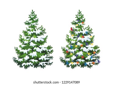 Vector illustration of decorated christmas tree in snow on white background. Green fluffy christmas pine, isolated on white background 1.3