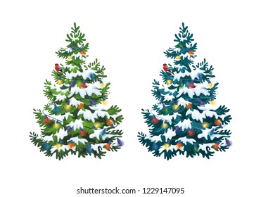 Vector illustration of decorated christmas tree in snow on white background. Green and blue fluffy pines, isolated on white background 1.1