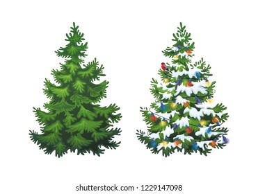 Vector illustration of decorated christmas tree in snow on white background. Green fluffy christmas pine, isolated on white background 1.2