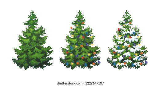 Vector illustration of decorated christmas tree in snow on white background. Green fluffy christmas pine, isolated on white background 1.4