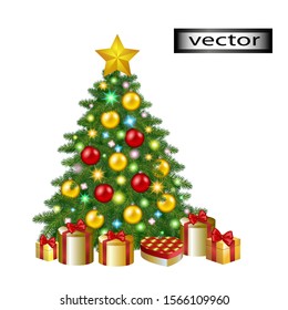 Vector illustration decorated Christmas tree with gifts drawing 3d holiday Christmas, new year