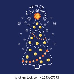 Vector illustration of decorated Christmas tree on blue background