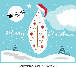 A vector illustration of a decorated Christmas tree on a snowy winter landscape with the moon and Santa Claus flying in his sleigh