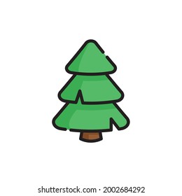 Vector illustration of decorated christmas tree in snow on white background. Green fluffy christmas pine, isolated on white background