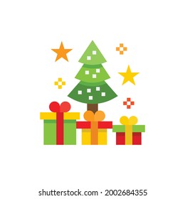 Vector illustration of decorated christmas tree in snow on white background. Green fluffy christmas pine, isolated on white background