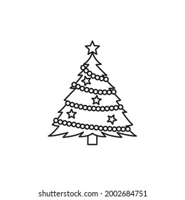 Vector illustration of decorated christmas tree in snow on white background. Green fluffy christmas pine, isolated on white background