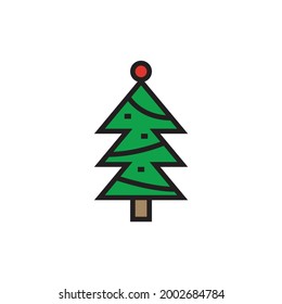 Vector illustration of decorated christmas tree in snow on white background. Green fluffy christmas pine, isolated on white background