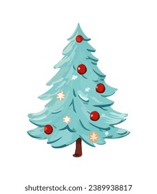 Vector illustration of decorated Christmas tree in snow on white background. Green fluffy xmas pine, isolated on white background. Cute Christmas tree in cartoon watercolor style.