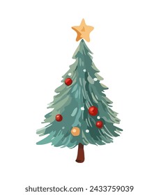 Vector illustration of decorated Christmas tree in snow on white background. Green fluffy xmas pine, isolated on white background. Cute Christmas tree in cartoon watercolor style.