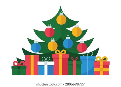 Vector illustration of a decorated Christmas tree with various colorful ornaments and wrapped gift boxes underneath isolated on a white background.