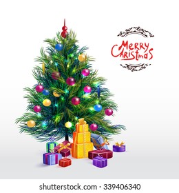 Vector illustration of decorated Christmas tree with gifts. Art.