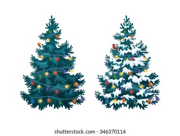 Vector illustration of decorated christmas tree in snow on white background. Blue fluffy christmas pine, isolated on white background 2.1