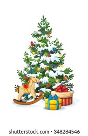 Vector illustration of decorated christmas tree with gifts and toys on white background. Green fluffy christmas pine in snow, isolated on white background 1.1