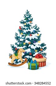 Ilustração vetorial da árvore de natal decorada com presentes e brinquedos sobre fundo branco. Pinho de Natal fofo azul na neve, isolado no fundo branco 2.1