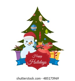 Vector illustration of decorated Christmas tree festive gift. Celebration party winter Christmas tree traditional shiny present. Seasonal decorative green Christmas tree holiday decoration.