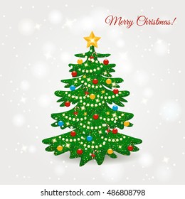 vector illustration. Decorated Christmas tree with balls, lights, candy canes, stars. Design for greeting card, banner, poster.