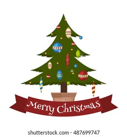 Vector illustration of decorated Christmas tree festive gift. Celebration party winter Christmas tree traditional shiny present. Seasonal decorative green Christmas tree holiday decoration.