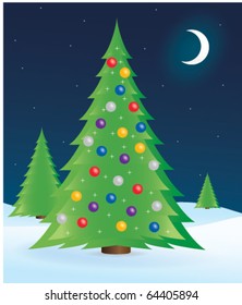 Vector illustration of decorated Christmas tree on a winter landscape.
