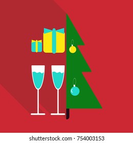 vector illustration of decorated Christmas tree with gifts and glasses