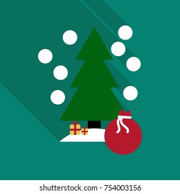 vector illustration of decorated Christmas tree with big bag of gifts