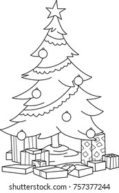 Vector illustration of a decorated Christmas tree with various presents underneath.