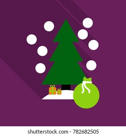 vector illustration of decorated Christmas tree with big bag of gifts