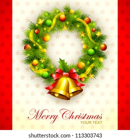 vector illustration of decorated Christmas wreath against star background