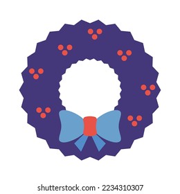 Ilustración vectorial decora la corona de Navidad con arco azul y bayas rojas aisladas en fondo blanco. Símbolo de Año Nuevo plano geométrico. Decoración tradicional de Navidad de estilo plano.