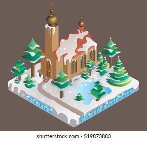 Vector illustration of decorated church on Christmas Eve shown in isometric view with german translated merry christmas as frohe weinachten.