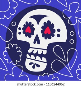 Vector illustration of an decorated Day of the Dead (Dia de los Muertos) mexican sugar skull, or calavera. Halloween poster background, greeting card or t-shirt design.