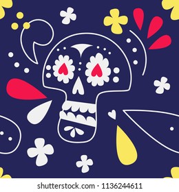 Vector illustration of an decorated Day of the Dead (Dia de los Muertos) mexican sugar skull, or calavera. Halloween poster background, greeting card or textile. Seamless pattern.