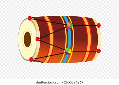 Vector illustration of decorated dhol drum on transparent background