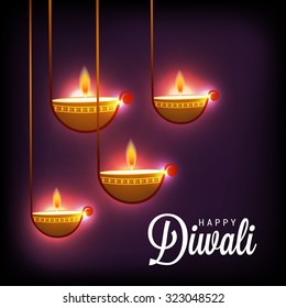 Vector illustration of decorated Diwali diya on shiny golden Background.