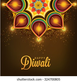 Vector illustration of decorated Diwali diya on flower rangoli.