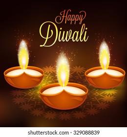 Vector illustration of decorated Diwali diya on shiny background.