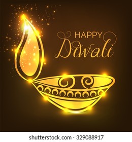 Vector illustration of decorated Diwali diya on shiny background.
