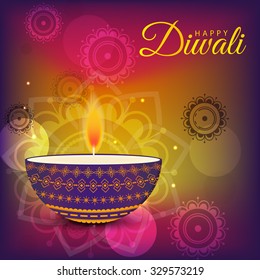 Vector illustration of decorated Diwali diya on colorful background.
