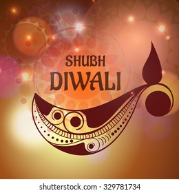 Vector illustration of decorated Diwali diya on colorful background.