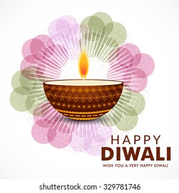 Vector illustration of decorated Diwali diya on colorful background.