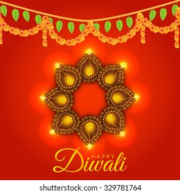 Vector illustration of decorated Diwali diya on colorful background.
