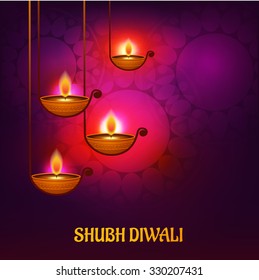 Vector illustration of decorated Diwali diya on colorful background.