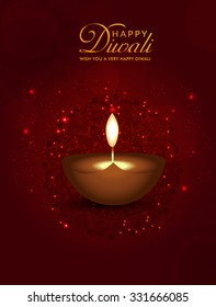 Vector illustration of decorated Diwali diya on colorful background.